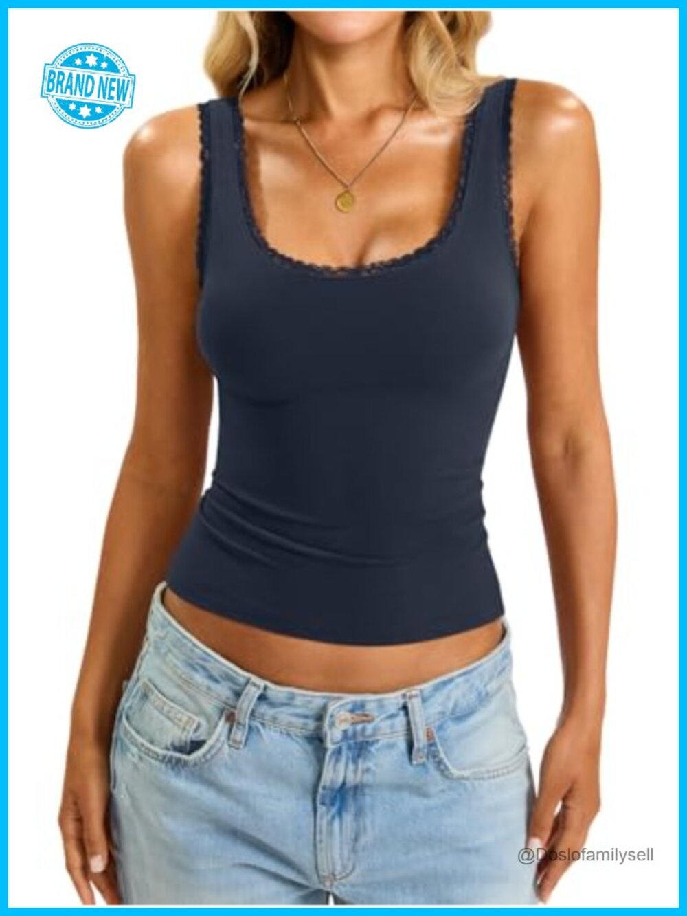 Cotton Lace Trim Scoop Neck Fitted Cami Tank Top